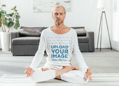 Mockup of a Man Wearing a Scoop Neck Long-Sleeve Tee to Meditate