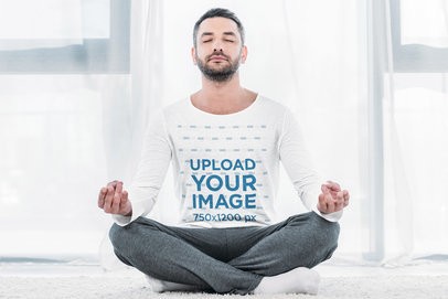Long Sleeve Tee Mockup Featuring a Calmed Man Meditating 
