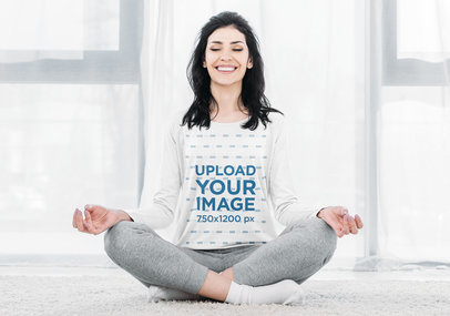 Long Sleeve Tee Mockup of a Happy Woman Meditating