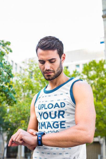 Ringer Tank Top Mockup of a Man Looking at His Watch