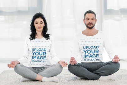 Long Sleeve Tee Mockup Featuring a Couple Meditating Together
