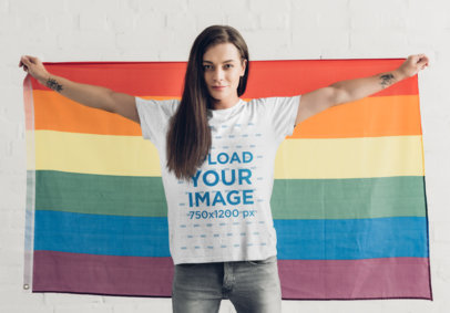 T-Shirt Mockup of a Woman Holding an LGBT Flag