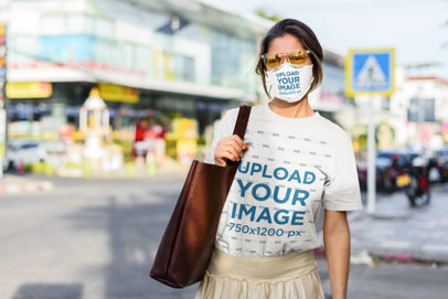 Face Mask Mockup Featuring a Woman with a Tee and Retro Glasses 46266-r-el2