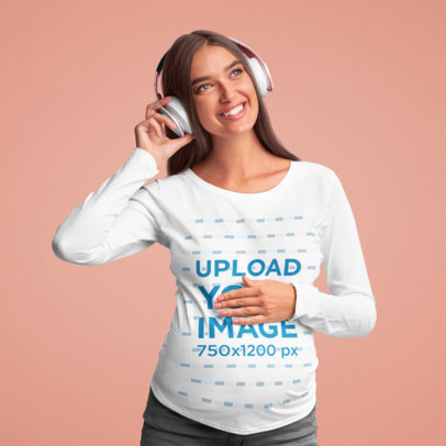 Long Sleeve Tee Mockup Featuring a Pregnant Woman with Headphones 