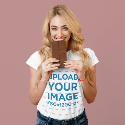 T-Shirt Mockup of a Long-Haired Woman Eating Chocolate 46106-r-el2