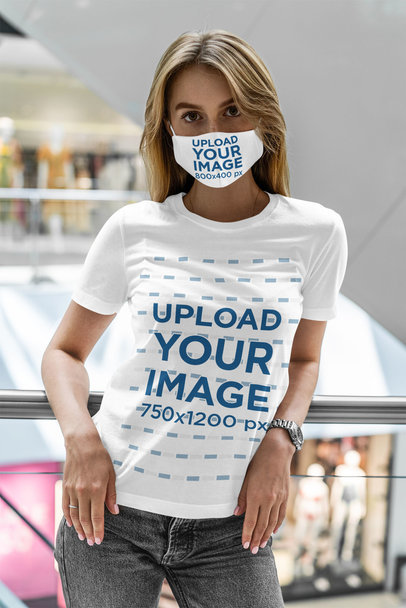 T-Shirt Mockup of a Woman Wearing a Face Mask at the Mall 5006-el1