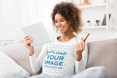 Long Sleeve Tee Mockup Featuring a Pregnant Woman Shopping Online 