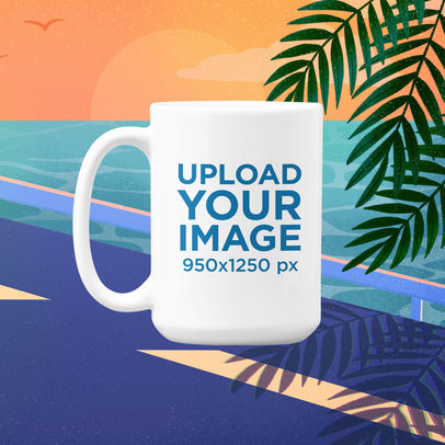 15 Oz Mug Mockup Featuring a Vaporwave-Styled Illustrated Background 