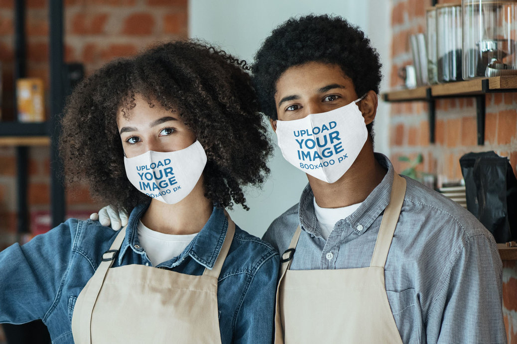 Face Mask Mockup Featuring Two Baristas at Work