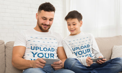 Crew Neck and Long Sleeve T-Shirt Mockup of a Man Chilling with His Son