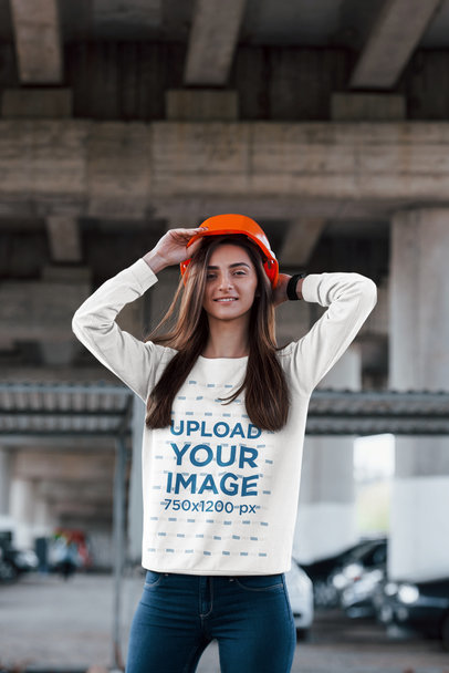 Sweatshirt Mockup Featuring a Smiling Woman with a Safety Helmet 46542-r-el2