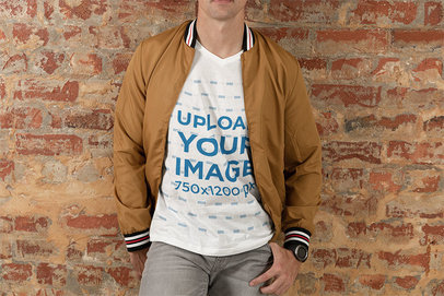 V-Neck T-Shirt Mockup of a Young Man Posing Against a Brick Wall 46530-r-el2
