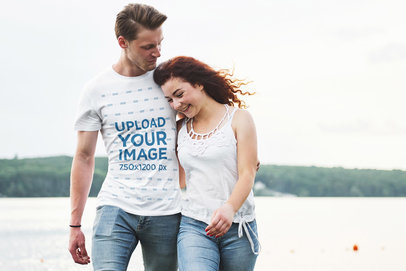 T-Shirt Mockup of a Man Hugging His Girlfriend by the Sea 46400-r-el2