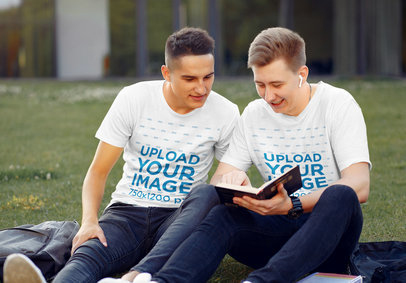 T-Shirt Mockup Featuring Two Students at a Park 