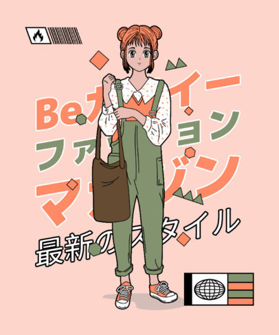 Illustrated T-Shirt Design Template Featuring an Anime Female Character 