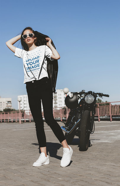 T-Shirt Mockup Featuring a Woman Standing by Her Motorcycle 41702-r-el2