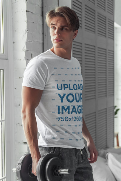 T-Shirt Mockup of a Young Man Exercising in His Room