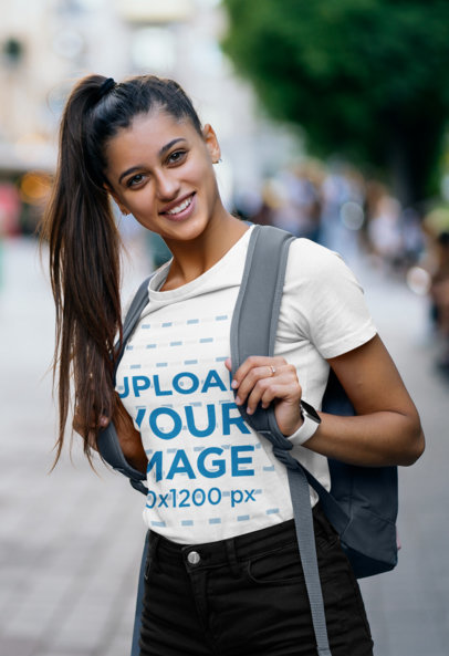 Mockup of a Woman Wearing a T-Shirt and a High-Ponytail While Going to School 46483-r-el2