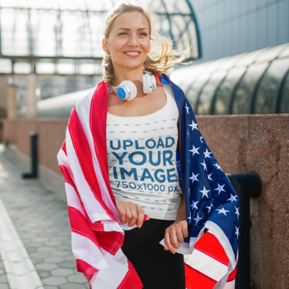 Tank Top Mockup of a Happy Woman With an American Flag 