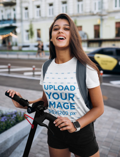 Basic T-Shirt Mockup Featuring a Long-Haired Female Student 