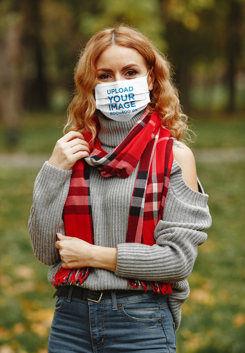 Face Mask Mockup of a Woman with Cozy Garments at the Woods