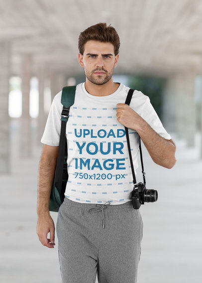 T-Shirt Mockup Featuring a Young Photographer