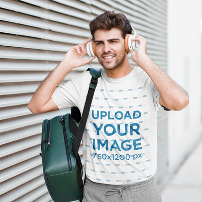 T-Shirt Mockup Featuring a Young Bearded Man Wearing Headphones 42272-r-el2