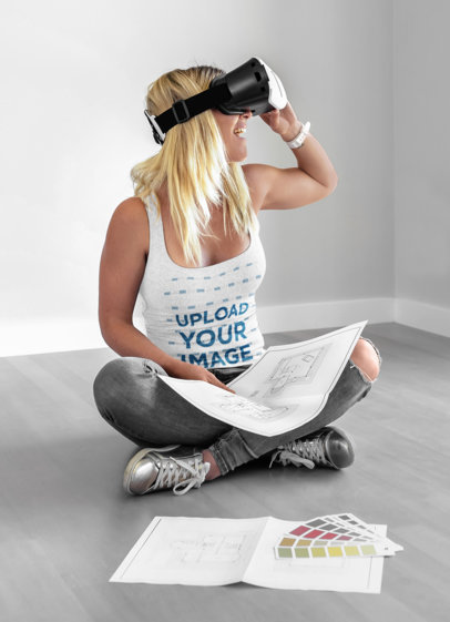 Tank Top Mockup of a Woman Using a Gaming Headset Gadget