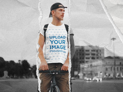 T-Shirt Mockup Featuring a Man on a Bike and a Black and White Effect