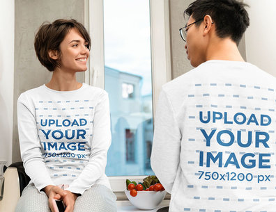 Long Sleeve Tee Mockup of a Woman Chatting With Her Boyfriend