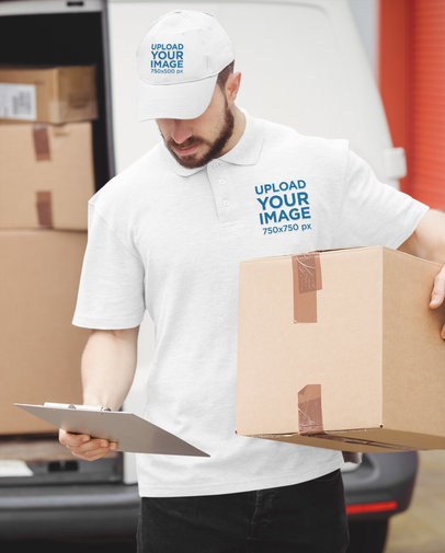 Polo Shirt and Dad Hat Mockup Featuring a Delivery Man Working 42095-r-el2