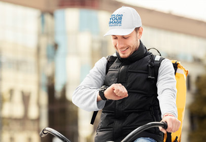 Dad Hat Mockup of a Delivery Man on a Bicycle