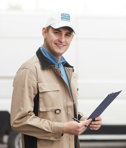Dad Hat Mockup of a Delivery Guy Reviewing His Clipboard