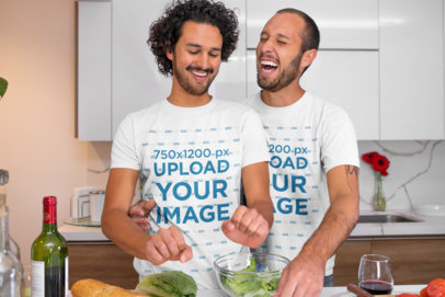 T-Shirt Mockup of an LGBT Couple Having Fun While Cooking 