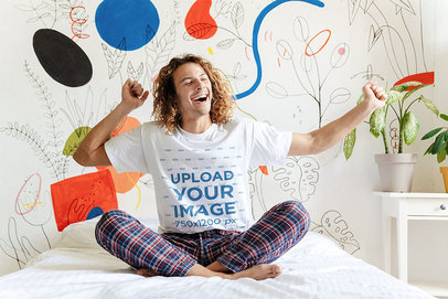 T-Shirt Mockup of a Happy Man Waking Up in His Pajamas