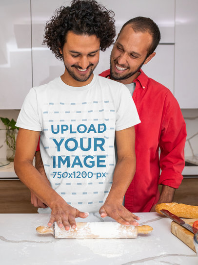T-Shirt Mockup of a Man Cooking with His Boyfriend