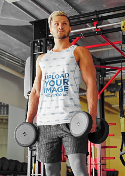 Sublimated Tank Top Mockup of a Bearded Blonde Man at the Gym