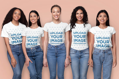 T-Shirt Mockup of Five Women Smiling in a Studio