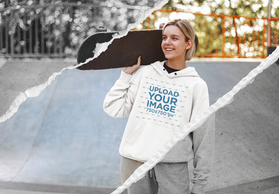 Pullover Hoodie Mockup Featuring a Woman Holding a Skateboard 