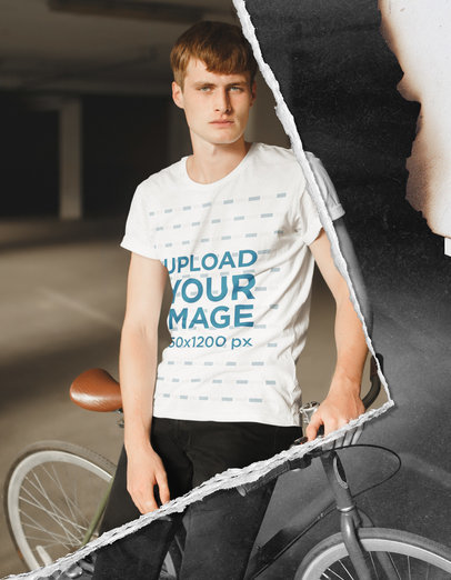 T-Shirt Mockup of a Young Man Resting by His Bike