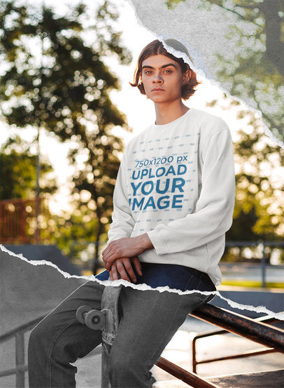 Sweatshirt Mockup of a Cool Young Man Sitting at a Skating Park