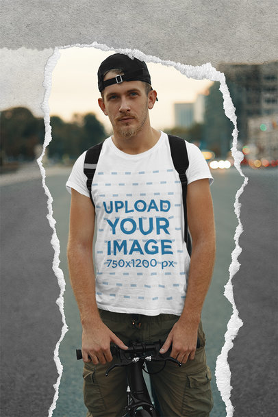 T-Shirt Mockup Featuring Ripped Paper Texture and a Man with a Bike m10082-r-el2