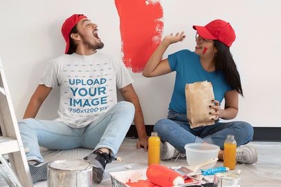 Basic T-Shirt Mockup Featuring a Man Having Fun With His Girlfriend 