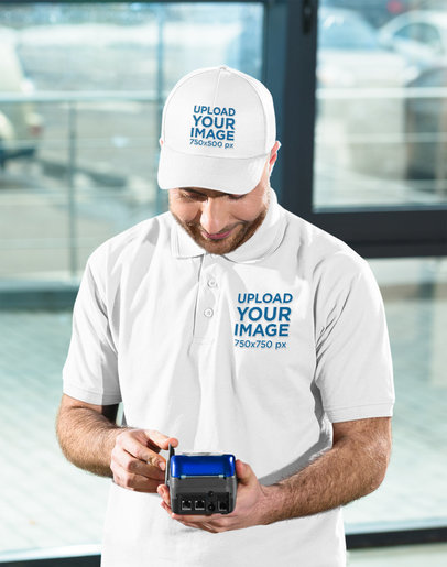 Polo Shirt and Dad Hat Mockup of a Salesman Charging with a Credit Card Reader 45536-r-el2