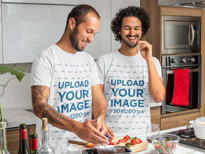 T-Shirt Mockup of Curly-Haired Man Baking With His Boyfriend 