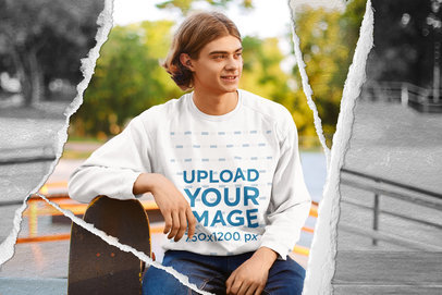 Sweatshirt Mockup of a Young Man with a Ripped Paper Frame
