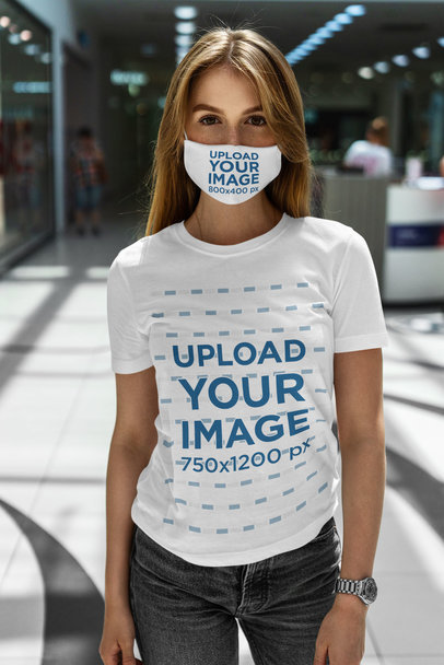 Face Mask Mockup of a Woman Wearing a Basic T-Shirt at the Mall 