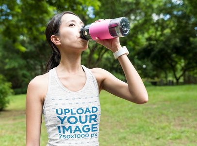 Tank Top Mockup of a Woman Drinking Water at a Park