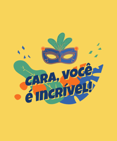 Illustrated T-Shirt Design Template Featuring Tropical Leaves and a Carnival Mask