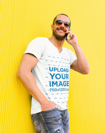V-Neck T-Shirt Mockup of a Man Using His Cellphone 43732-r-el2